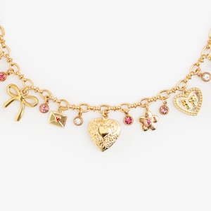 Coquette Bow Charm Necklace Charming necklace gift for her with Pink Charms, Heart and Envelope, Romantic Style Necklace, Coquette Jewelry