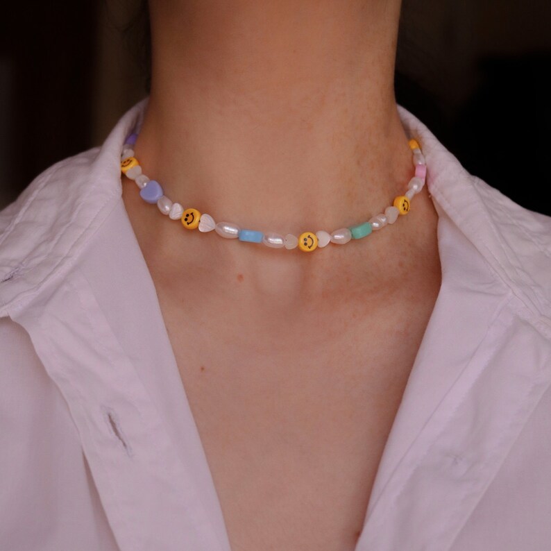 Smiley Face Pearl Necklace With Pastel Colorful Heart Beads Etsy