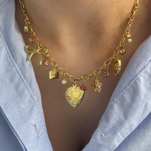Coquette Bow Charm Necklace Charming necklace gift for her with Pink Charms, Heart and Envelope, Romantic Style Necklace, Coquette Jewelry