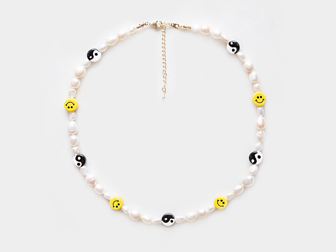 Yin Yang Pearl Necklace With Smiley Beads, Y2k Necklace, 90s Necklace