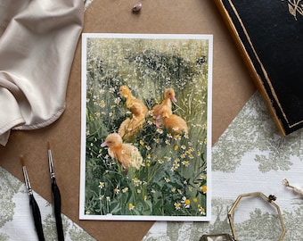 Ducklings in a Wildflower Field | Oil Painting | Fine Art Print | Cottagecore Aesthetic | Sunny & Idyllic