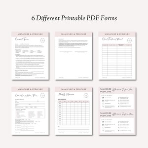 K&ouml;nnte beinhalten: Sechs druckbare PDF-Formulare f&uuml;r Manik&uuml;re- und Pedik&uuml;re-Dienstleistungen. Die Formulare umfassen ein Kundenaufnahmeformular, eine Kundenbehandlungsaufzeichnung, ein Kundenberatungsformular, einen Wochenplaner und zwei Nachsorge-Informationsbl&auml;tter.