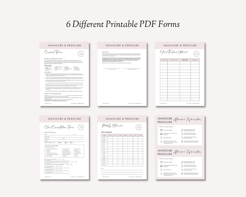 K&ouml;nnte beinhalten: Sechs druckbare PDF-Formulare f&uuml;r Manik&uuml;re- und Pedik&uuml;re-Dienstleistungen. Die Formulare umfassen ein Kundenaufnahmeformular, eine Kundenbehandlungsaufzeichnung, ein Kundenberatungsformular, einen Wochenplaner und zwei Nachsorge-Informationsbl&auml;tter.