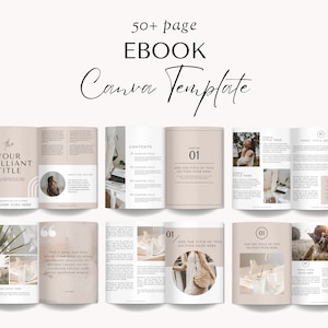 May include: A Canva ebook template with a beige background and black text. The cover features the text "The Your Brilliant Title" and "Your Name Goes Here". The template includes a table of contents, chapter headings, and space for text and images.