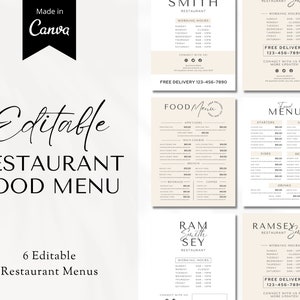Restaurante de plantilla de menú, menú de comida de restaurante, plantilla de menú de negocios, precio de plantilla de bricolaje editable, plantilla de menú Canva, menú editable