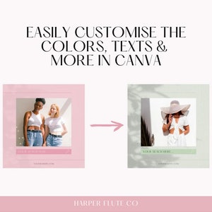 Peut inclure: Deux images montrant comment personnaliser les couleurs, les textes et plus encore dans Canva. La premi&egrave;re image montre deux femmes portant des d&eacute;bardeurs blancs et des jeans debout devant un fond rose. La deuxi&egrave;me image montre une femme portant un haut blanc et un chapeau debout devant un fond vert. Les deux images ont le texte "YOUR SEACH HERE" et "YOURWEBSITE.COM".