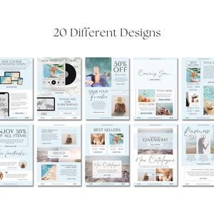 May include: Twenty different social media post designs featuring a blue and white color scheme with beach and ocean imagery. The designs include text such as "New Course Launching Soon!" and "Enjoy 50% Off All Items".
