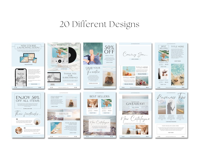 May include: Twenty different social media post designs featuring a blue and white color scheme with beach and ocean imagery. The designs include text such as "New Course Launching Soon!" and "Enjoy 50% Off All Items".