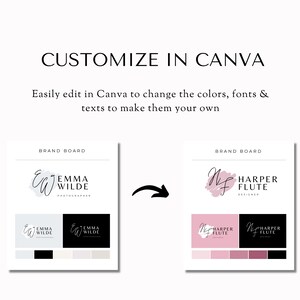 Puede incluir: Dos tableros de marca con diferentes paletas de colores. El primer tablero es para Emma Wilde Photographer y presenta un logotipo en blanco y negro con una fuente de escritura a mano. El segundo tablero es para Harper Flute Designer y presenta un logotipo rosa y blanco con una fuente de escritura a mano.