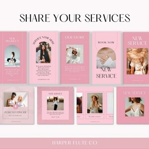 Peut inclure: Une collection de mod&egrave;les de m&eacute;dias sociaux roses avec des superpositions de texte. Le texte comprend "Partager vos services", "Nouveau produit", "Nom du service ici", "Notre magasin", "R&eacute;server maintenant", "Nouveau service", "&Eacute;pisode de podcast" et "Harper Flute Co.".
