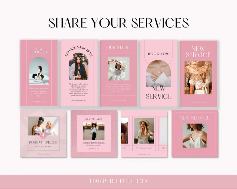 Peut inclure: Une collection de mod&egrave;les de m&eacute;dias sociaux roses avec des superpositions de texte. Le texte comprend "Partager vos services", "Nouveau produit", "Nom du service ici", "Notre magasin", "R&eacute;server maintenant", "Nouveau service", "&Eacute;pisode de podcast" et "Harper Flute Co.".