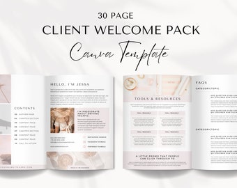 Może przedstawiać: 30-stronicowy pakiet powitalny dla klienta, szablon Canva w różowo-białym schemacie kolorów. Strona tytułowa zawiera tekst "CLIENT WELCOME PACK" i "Canva Template". Wewnętrzne strony zawierają spis treści, sekcję "Hello, I'm Jessa", sekcję "Tools & Resources" i sekcję "FAQs".