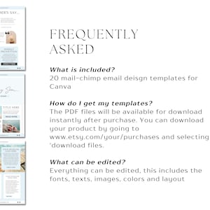 May include: A digital product listing for 20 email templates for Canva. The listing includes a description of the product, what is included, how to download the templates, and what can be edited. The listing also includes images of the templates.