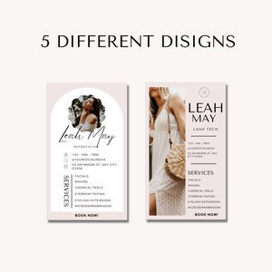 May include: Two pink business cards featuring a photo of a woman. The top card reads "Leah May Esthetician" and the bottom card reads "Leah May Lash Tech". Both cards list services offered, contact information, and the phrase "Book Now!"