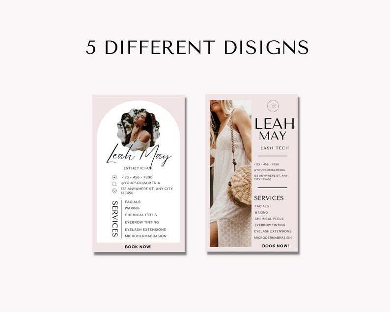 May include: Two pink business cards featuring a photo of a woman. The top card reads "Leah May Esthetician" and the bottom card reads "Leah May Lash Tech". Both cards list services offered, contact information, and the phrase "Book Now!"