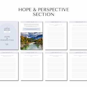 Może przedstawiać: Drukowany dziennik żałoby z niebiesko-białą okładką z tekstem "The Grief Relief Journal: Hope & Perspective". Dziennik zawiera pytania do refleksji i pisania o żałobie, nadziei i perspektywie.