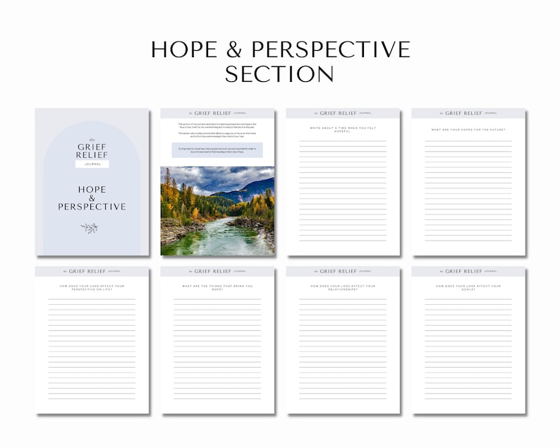 Może przedstawiać: Drukowany dziennik żałoby z niebiesko-białą okładką z tekstem "The Grief Relief Journal: Hope & Perspective". Dziennik zawiera pytania do refleksji i pisania o żałobie, nadziei i perspektywie.