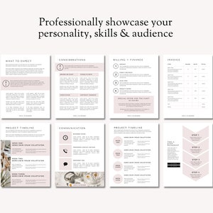May include: A pink and white printable guide for starting a business. The guide includes sections on what to expect, considerations, billing and finance, project timeline, communication, and a step-by-step roadmap.