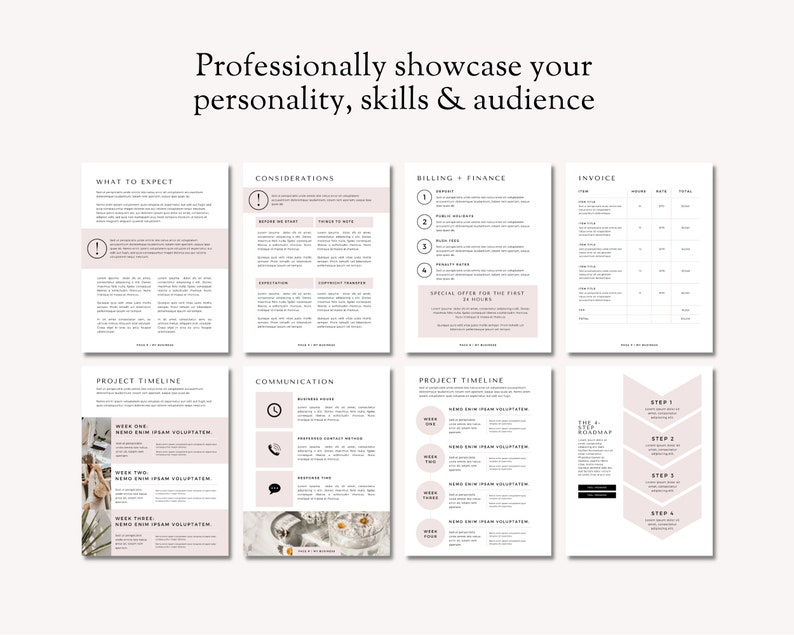 May include: A pink and white printable guide for starting a business. The guide includes sections on what to expect, considerations, billing and finance, project timeline, communication, and a step-by-step roadmap.