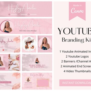 May include: A YouTube branding kit in shades of pink, featuring a logo, banners, animated intro and end screens, and video thumbnails. The kit includes the text "Hayley Amelia" and "Made in Canva."
