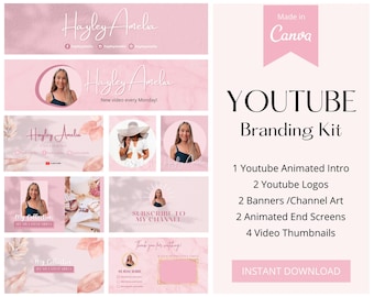 May include: A YouTube branding kit in shades of pink, featuring a logo, banners, animated intro and end screens, and video thumbnails. The kit includes the text "Hayley Amelia" and "Made in Canva."