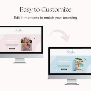 May include: Two computer screens displaying website mockups. The first screen shows a website with a pink background and a woman wearing a pink dress and sunglasses. The text on the screen reads "Girls, Ambitious Women, Design a Life That They Love." The second screen shows a website with a blue background and a woman wearing a white swimsuit and a hat. The text on the screen reads "Help small business owners automate their workflow and systems."