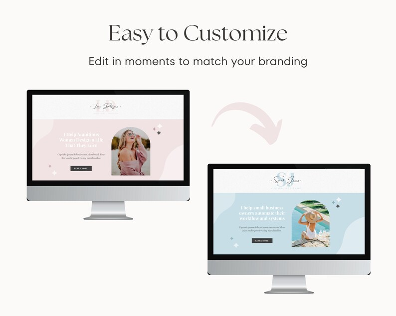May include: Two computer screens displaying website mockups. The first screen shows a website with a pink background and a woman wearing a pink dress and sunglasses. The text on the screen reads "Girls, Ambitious Women, Design a Life That They Love." The second screen shows a website with a blue background and a woman wearing a white swimsuit and a hat. The text on the screen reads "Help small business owners automate their workflow and systems."