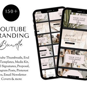 May include: A digital mockup of a phone screen displaying a collection of 150+ customizable YouTube branding templates. The templates feature a minimalist aesthetic with a neutral color palette of black, white, and beige. The text "150+" and "YouTube Branding Bundle" are displayed in black text on a white background.