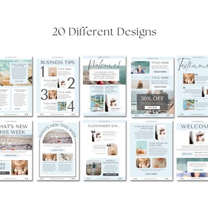 May include: Twenty different designs for social media posts or email newsletters. The designs feature a light blue background with white text and images of a beach, ocean, and drinks. The text includes phrases like "What's New This Week", "Business Tips", "Welcome", "Customer's Say", "Testimonials", and "30% Off".
