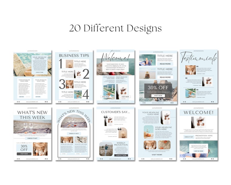 May include: Twenty different designs for social media posts or email newsletters. The designs feature a light blue background with white text and images of a beach, ocean, and drinks. The text includes phrases like "What's New This Week", "Business Tips", "Welcome", "Customer's Say", "Testimonials", and "30% Off".