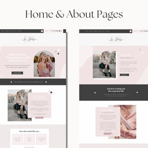May include: A website homepage and about page with a pink and white color scheme. The homepage features a woman smiling in front of a pink and white background with the text "Help Ambitious Women Design a Life That They Love". The about page features a woman sitting on a rock with the text "Hi, I'm Lara" and "I'm here to help you live your best life".