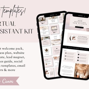 Peut inclure: L'écran d'un téléphone affichant une trousse d'assistant virtuel avec 300 modèles. La trousse comprend un pack de bienvenue client, un plan d'affaires, un modèle de site Web, un aimant principal, un guide des services, des modèles de médias sociaux, des en-têtes de courriels et plus encore. La trousse est faite dans Canva.
