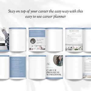 May include: A blue and white career progress workbook with the title "Career Progress Workbook" and the text "Stay on top of your career the easy way with this easy to use career planner".
