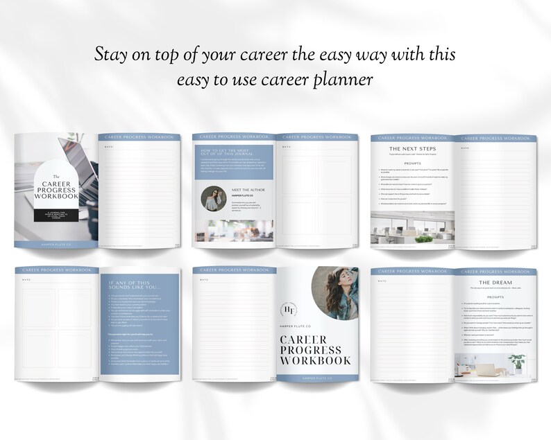 May include: A blue and white career progress workbook with the title "Career Progress Workbook" and the text "Stay on top of your career the easy way with this easy to use career planner".