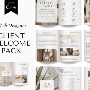 Puede incluir: Un paquete de bienvenida para clientes de un diseñador web. El paquete incluye una carta de bienvenida, un desglose de los servicios y una lista de preguntas frecuentes. El diseño es minimalista y presenta una paleta de colores neutros con un enfoque en elementos naturales.