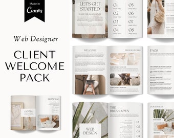 Könnte beinhalten: Ein Willkommenspaket für Kunden eines Webdesigners. Das Paket enthält einen Willkommensbrief, eine Aufschlüsselung der Dienstleistungen und eine Liste mit FAQs. Das Design ist minimalistisch und verfügt über eine neutrale Farbpalette mit Fokus auf natürliche Elemente.