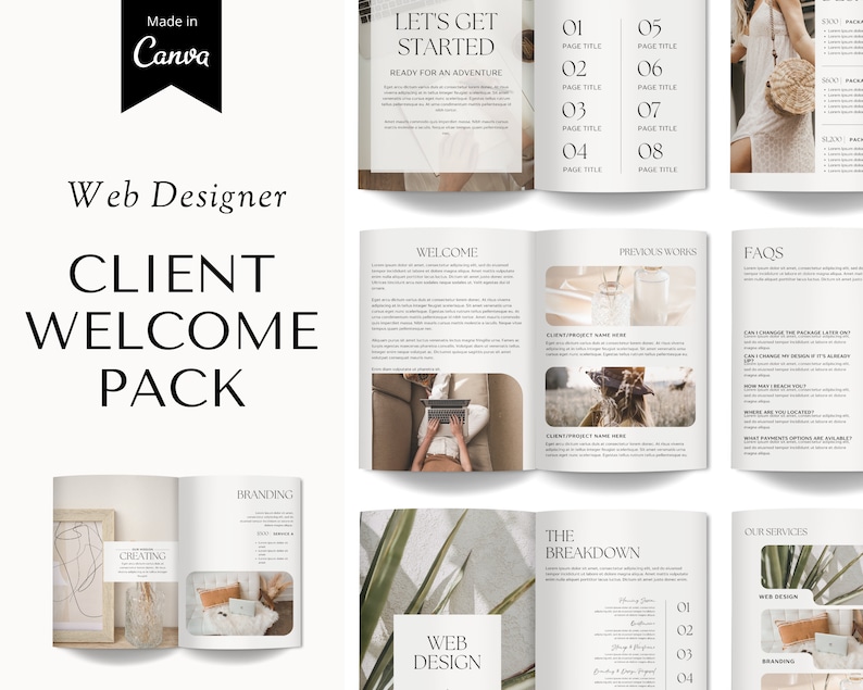 Puede incluir: Un paquete de bienvenida para clientes de un dise&ntilde;ador web. El paquete incluye una carta de bienvenida, un desglose de los servicios y una lista de preguntas frecuentes. El dise&ntilde;o es minimalista y presenta una paleta de colores neutros con un enfoque en elementos naturales.