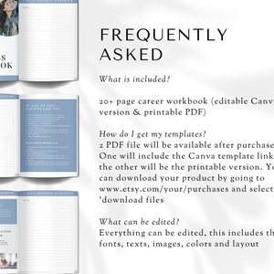Op de afbeelding: Een blauw en wit printbaar carri&egrave;revoortgangswerkboek met de tekst "Career Progress Workbook" en "Frequently Asked" in zwart. Het werkboek bevat meer dan 20 pagina's en is beschikbaar in zowel een printbare PDF als een bewerkbare Canva-versie.