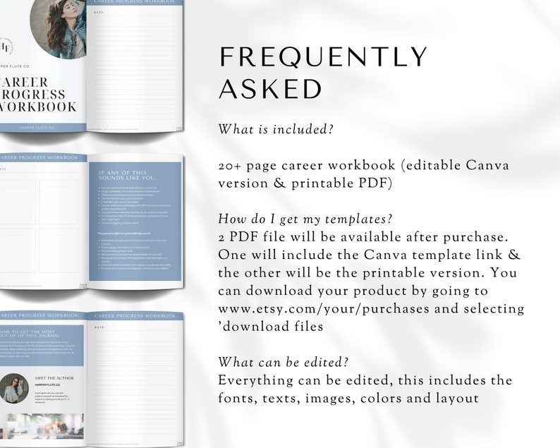 Op de afbeelding: Een blauw en wit printbaar carri&egrave;revoortgangswerkboek met de tekst "Career Progress Workbook" en "Frequently Asked" in zwart. Het werkboek bevat meer dan 20 pagina's en is beschikbaar in zowel een printbare PDF als een bewerkbare Canva-versie.