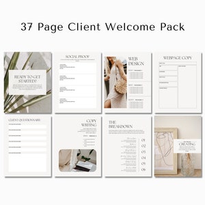 Puede incluir: Un paquete de bienvenida para clientes de 37 p&aacute;ginas con un dise&ntilde;o minimalista. Las p&aacute;ginas incluyen secciones para "&iquest;Listo para empezar?", "Cuestionario para clientes", "Prueba social", "Redacci&oacute;n de copias", "Dise&ntilde;o web", "Copia de p&aacute;gina web", "El desglose" y "Creaci&oacute;n".