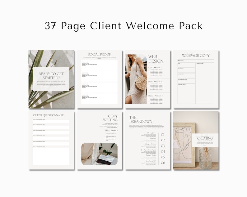 Puede incluir: Un paquete de bienvenida para clientes de 37 p&aacute;ginas con un dise&ntilde;o minimalista. Las p&aacute;ginas incluyen secciones para "&iquest;Listo para empezar?", "Cuestionario para clientes", "Prueba social", "Redacci&oacute;n de copias", "Dise&ntilde;o web", "Copia de p&aacute;gina web", "El desglose" y "Creaci&oacute;n".