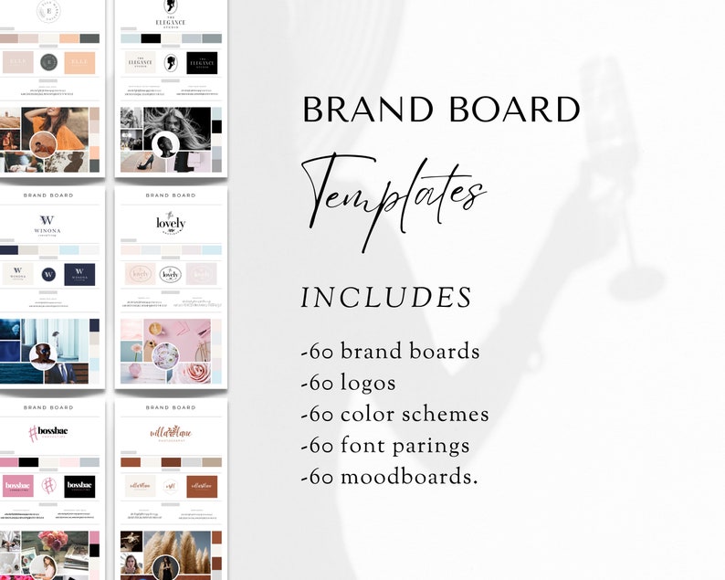 Puede incluir: Una descarga digital de 60 plantillas de tablero de marca. Las plantillas incluyen logotipos, esquemas de color, combinaciones de fuentes y tableros de estado de &aacute;nimo. El texto "BRAND BOARD Templates" e "INCLUDES" se muestra en una fuente manuscrita.