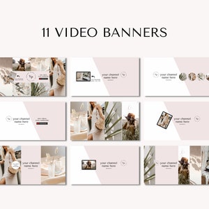 May include: Eleven video banner templates with a light pink background and a white diagonal line. The banners feature a variety of images, including a woman in a dress, a straw bag, and a glass of water. The text "your channel name here" is repeated on each banner.