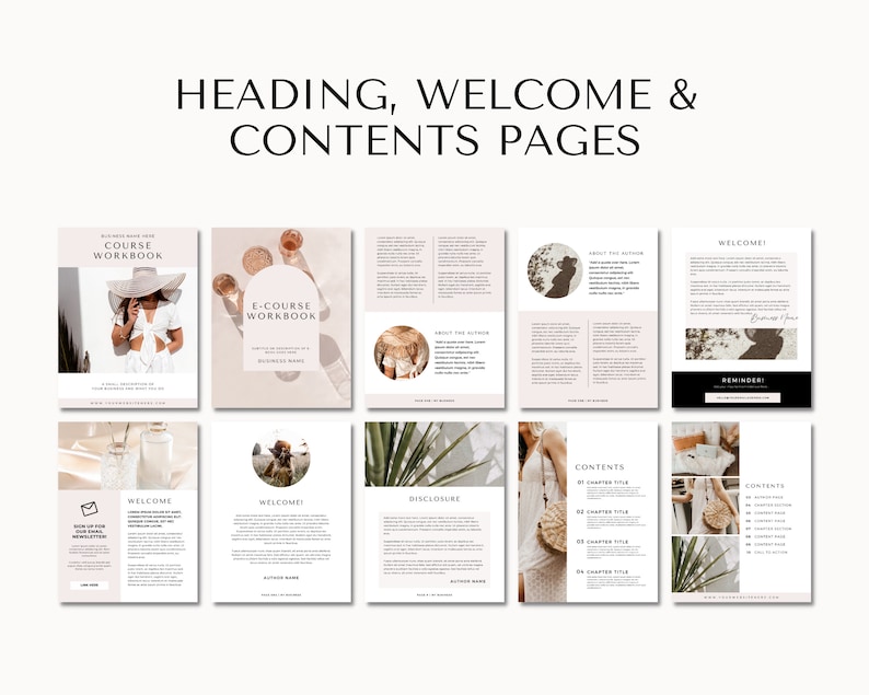 May include: A set of printable pages for an e-course workbook. The pages feature a neutral color palette with a minimalist design. The pages include a welcome page, a contents page, a disclosure page, and an about the author page.