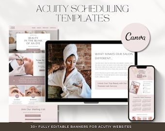 May include: A collection of 30+ fully editable banners for Acuity websites. The banners feature a pink and white color scheme with images of a woman in a white robe and a laptop screen displaying a website. The text on the banners includes "Beauty in the blink of an eye", "Now accepting new clients", "Our experienced team are masters in classic Russian volume eyelash extensions", "What makes our salon different...", "Unlock your true beauty with our premium lash services", "Book 3 sessions & get 1 free", "$150 $130", "Frequently Asked Questions", and "Join our mailing list".
