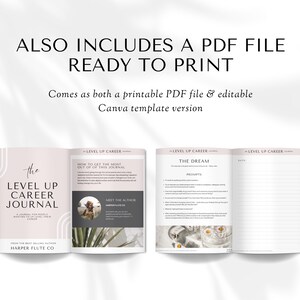 Może przedstawiać: R&oacute;żowo-biały dziennik z tytułem "The Level Up Career Journal" i tekstem "How to get the most out of this journal" oraz "Meet the Author". Dziennik jest otwarty, aby pokazać wewnętrzne strony z podpowiedziami dla "The Dream" i pustą stroną do prowadzenia dziennika.