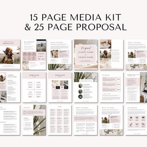 May include: A 15-page media kit and a 25-page proposal for a business or coaching service. The pages are designed with a minimalist aesthetic, featuring a neutral color palette of white, beige, and brown. The pages include sections for services, pricing, contact information, and more.