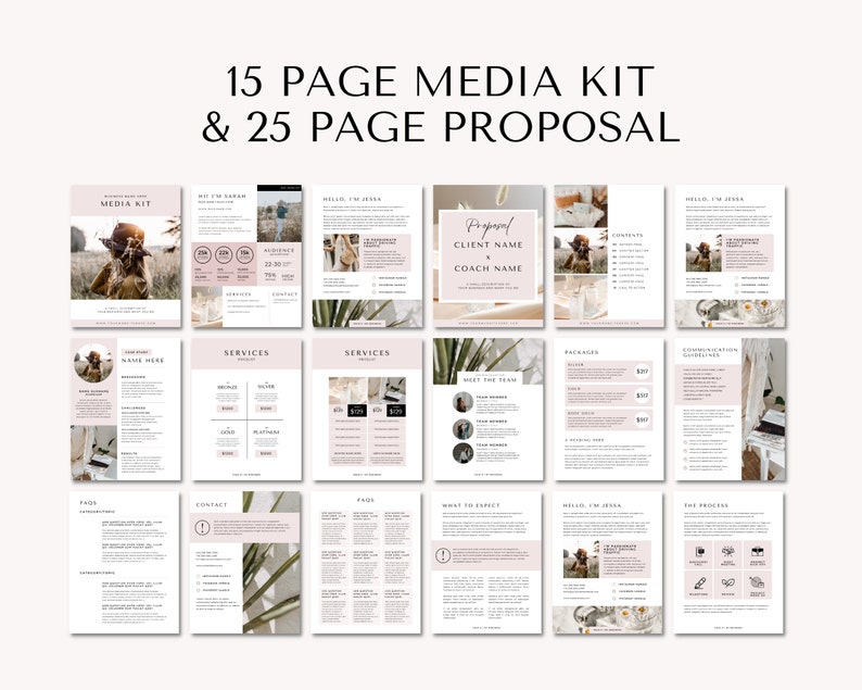 May include: A 15-page media kit and a 25-page proposal for a business or coaching service. The pages are designed with a minimalist aesthetic, featuring a neutral color palette of white, beige, and brown. The pages include sections for services, pricing, contact information, and more.