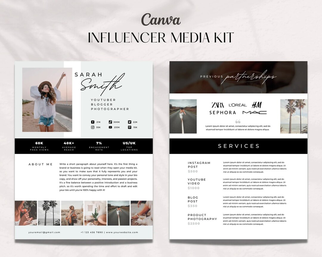 Influencer Roster Sheet Two Page Media Kit, Influencer Rate Sheet Template, Influencer Media ...