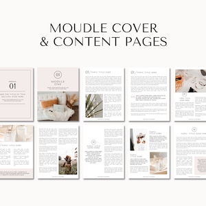 May include: A digital product mockup with a pink and white color scheme. The cover page features the text "Module One" and the text "Add the title of this section over here". The content pages feature text and images.